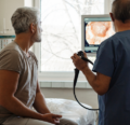 Patient with doctor going through colonoscopy results