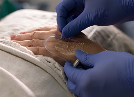Close up of hands adjusting IV